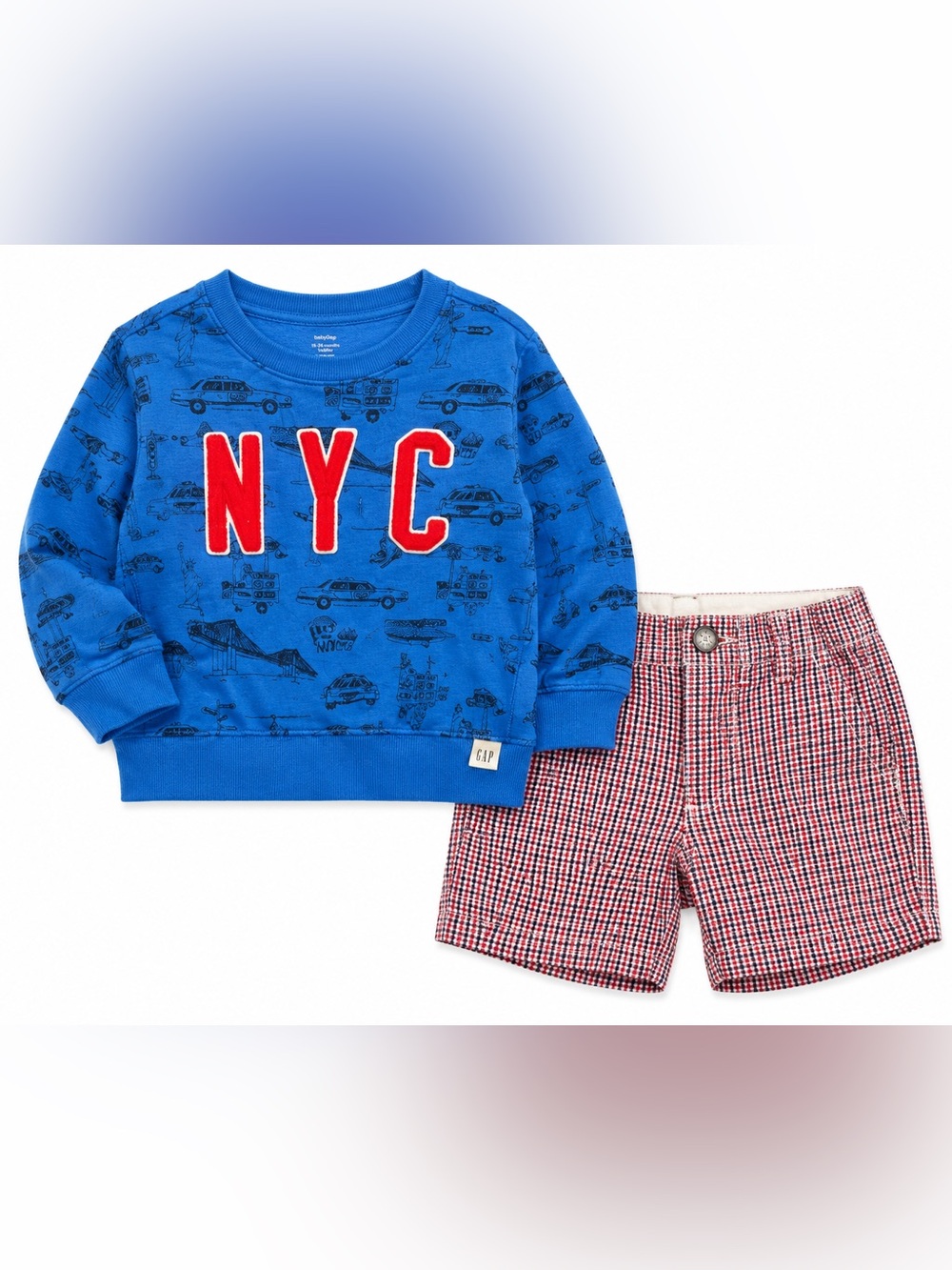 babyGap NYC Sweatshirt Red Plaid Shorts 2 Piece Outfit Set 18-24M